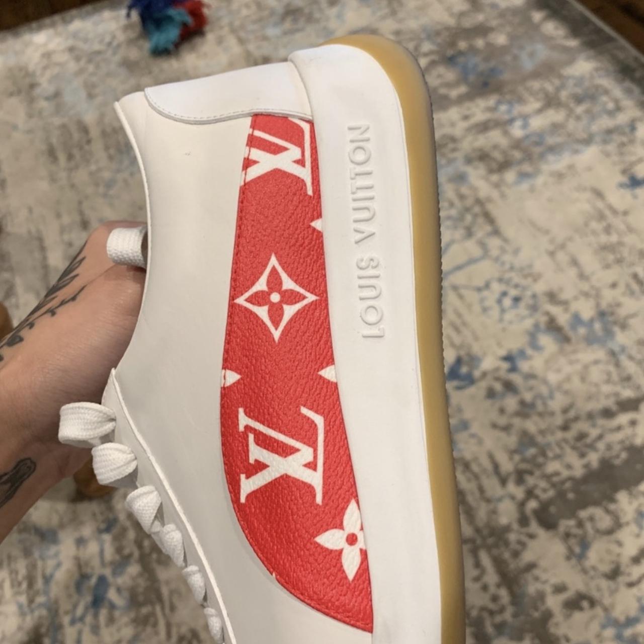 supreme x louis vuitton monogram red sneakers. , worn