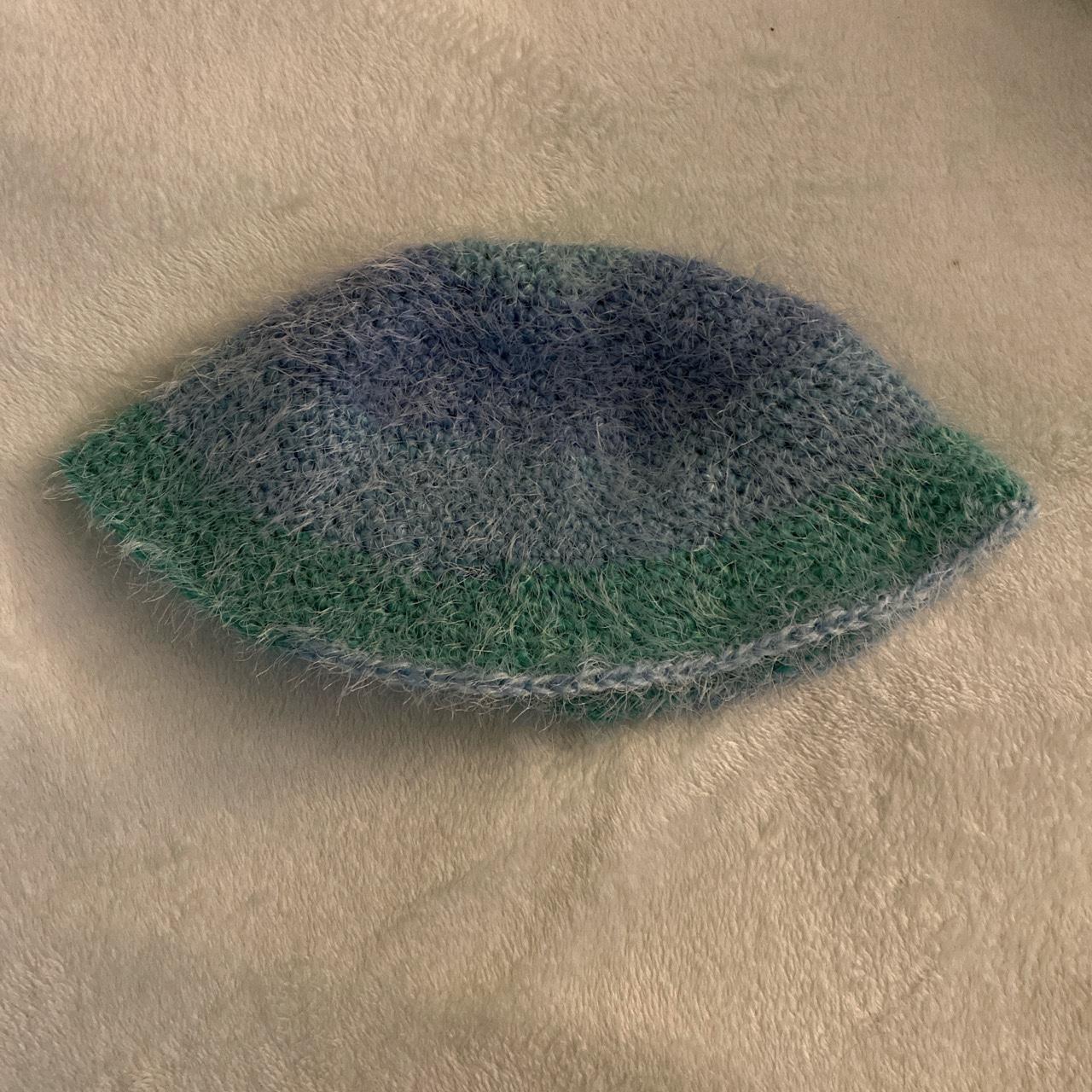 Fuzzy Crocheted Hat // Blue Greenish Handmade by... - Depop