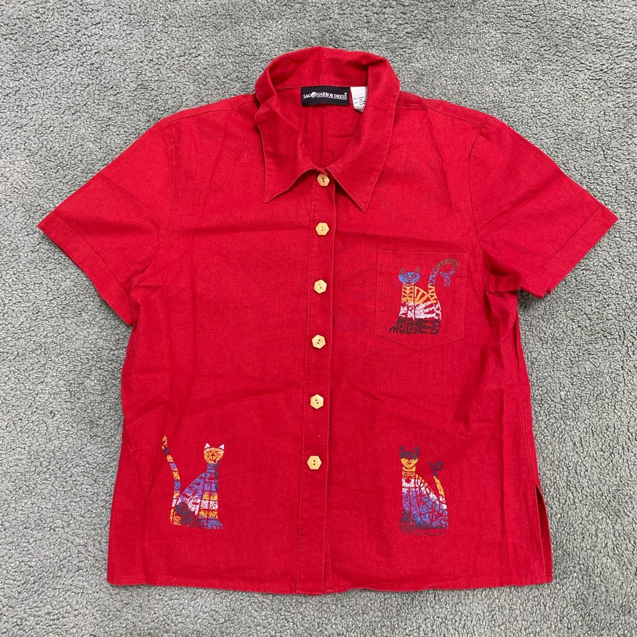 Vintage 90s cat print linen blend button up... - Depop