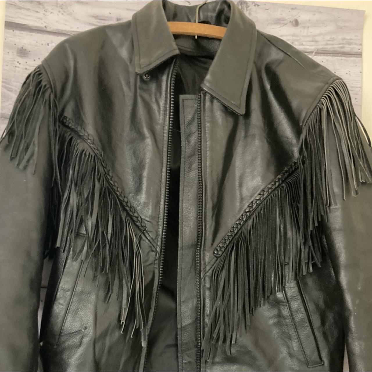 Black leather jacket with tassels and zip Arm pit... - Depop