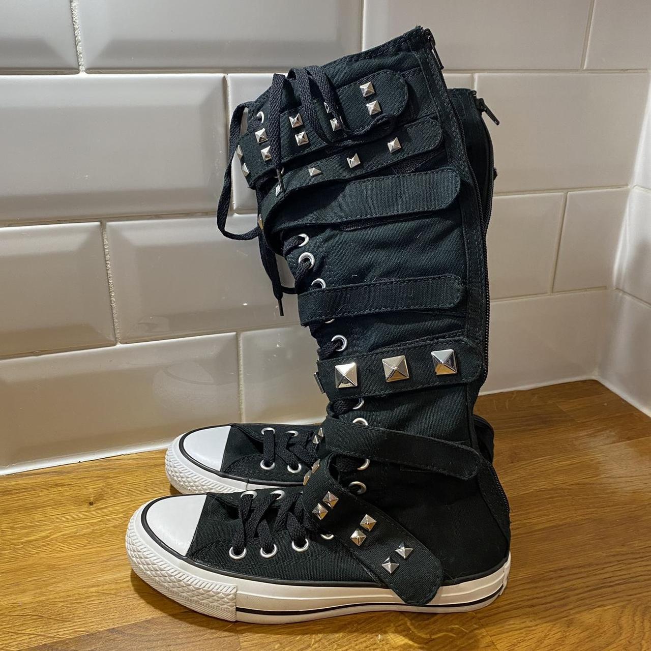 Knee high studded buckle black white converse U.K... Depop