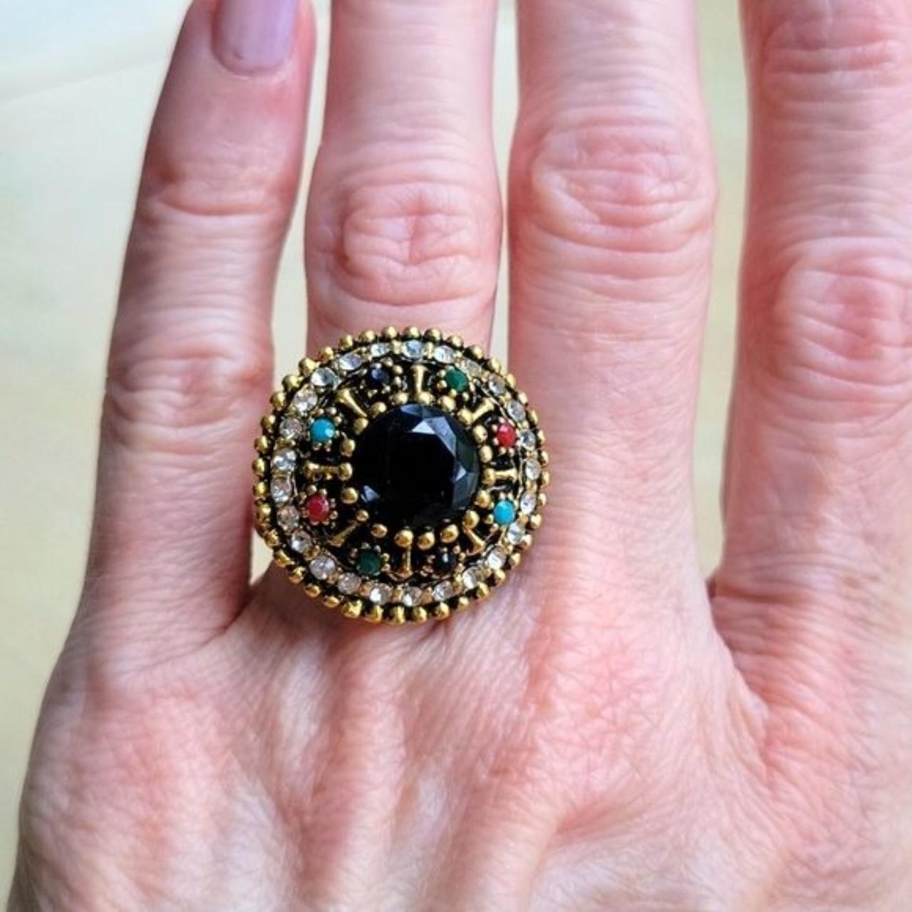 Jewel encrusted ring on silver engraved band Size... Depop