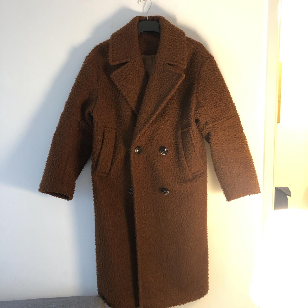 brown oversized wolly winter coat petite size 4 Depop