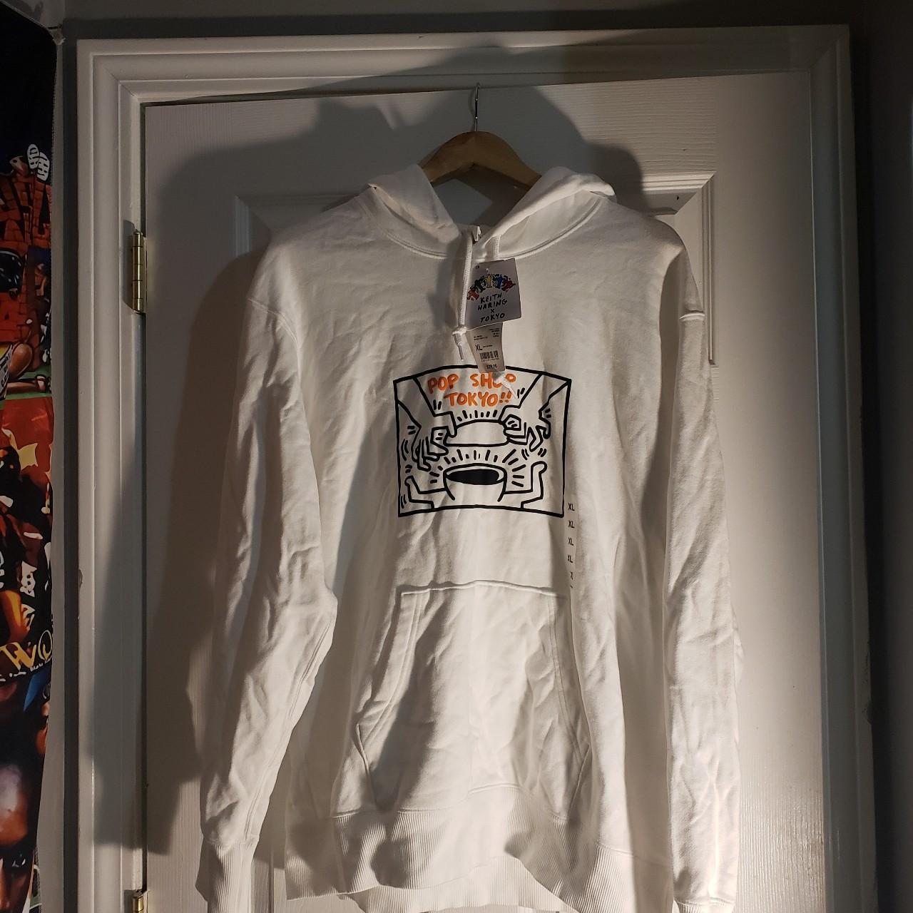 UNIQLO Men's White and Orange Hoodie Depop