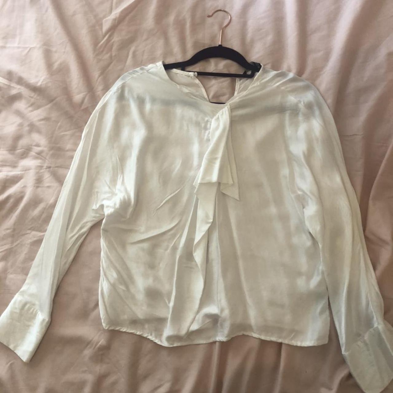 White Zara blouse with front ruffle in size... - Depop