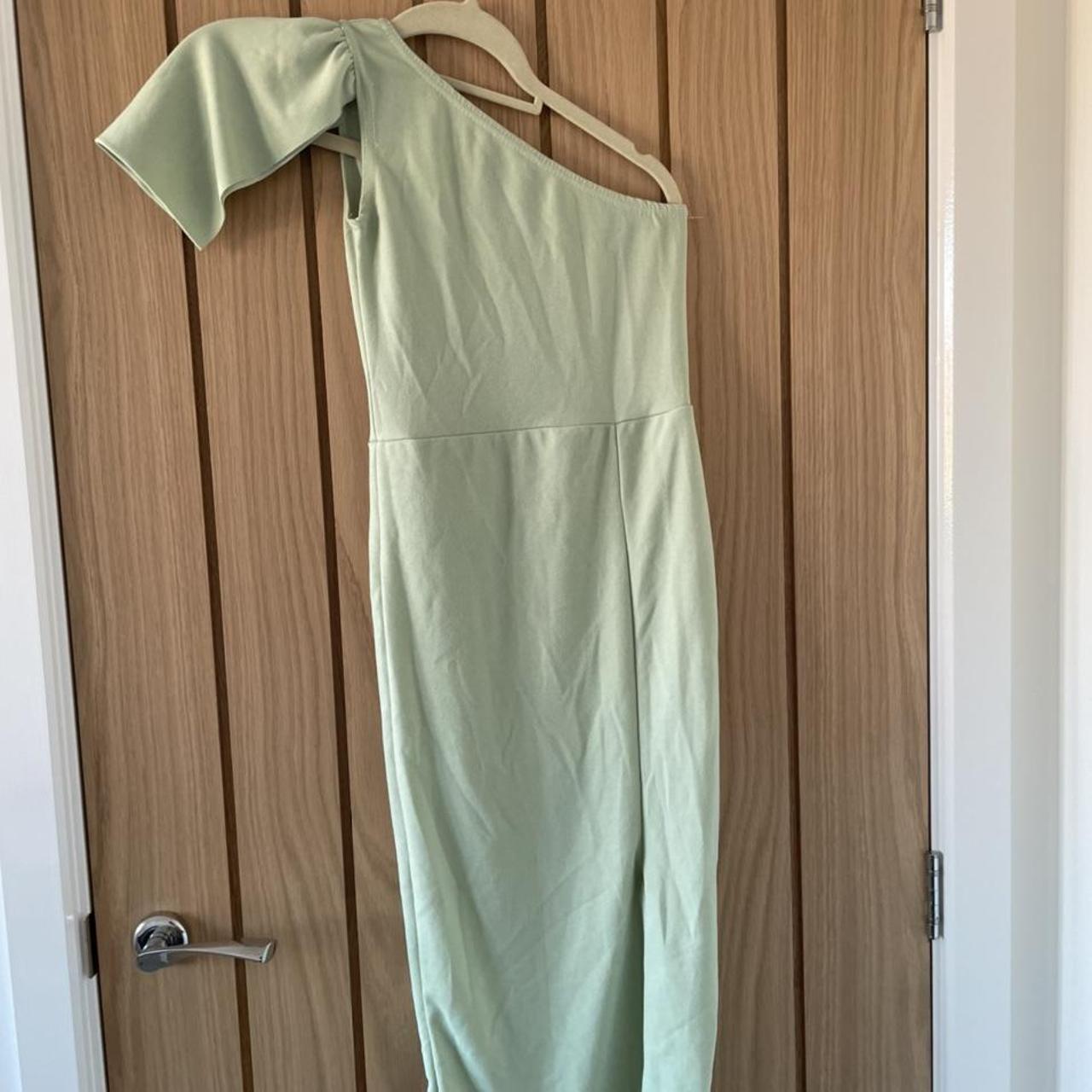 PLT Sage Green One Shoulder Bow Detail Midi Dress... Depop