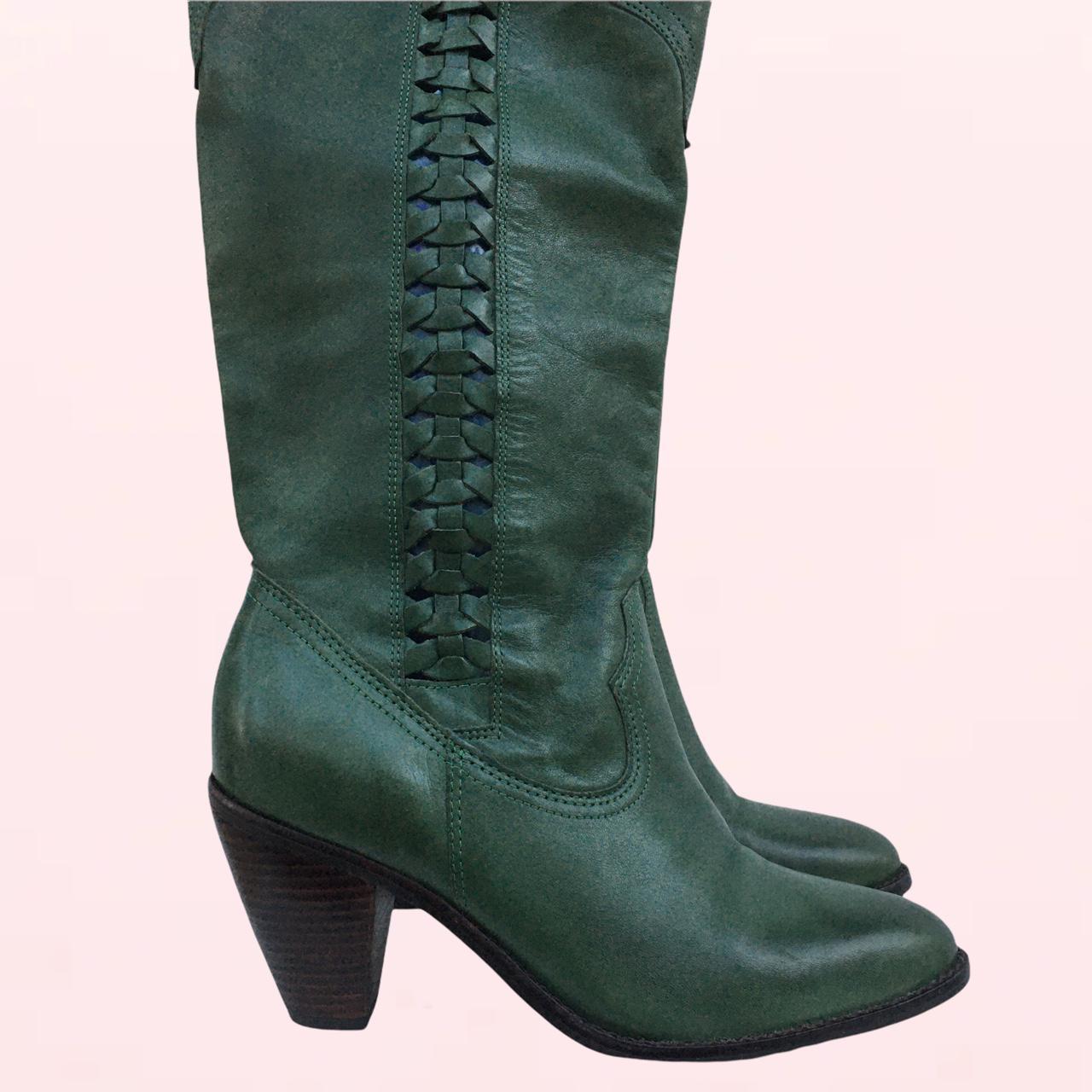 Vintage green leather cowboy boots with plaited... - Depop