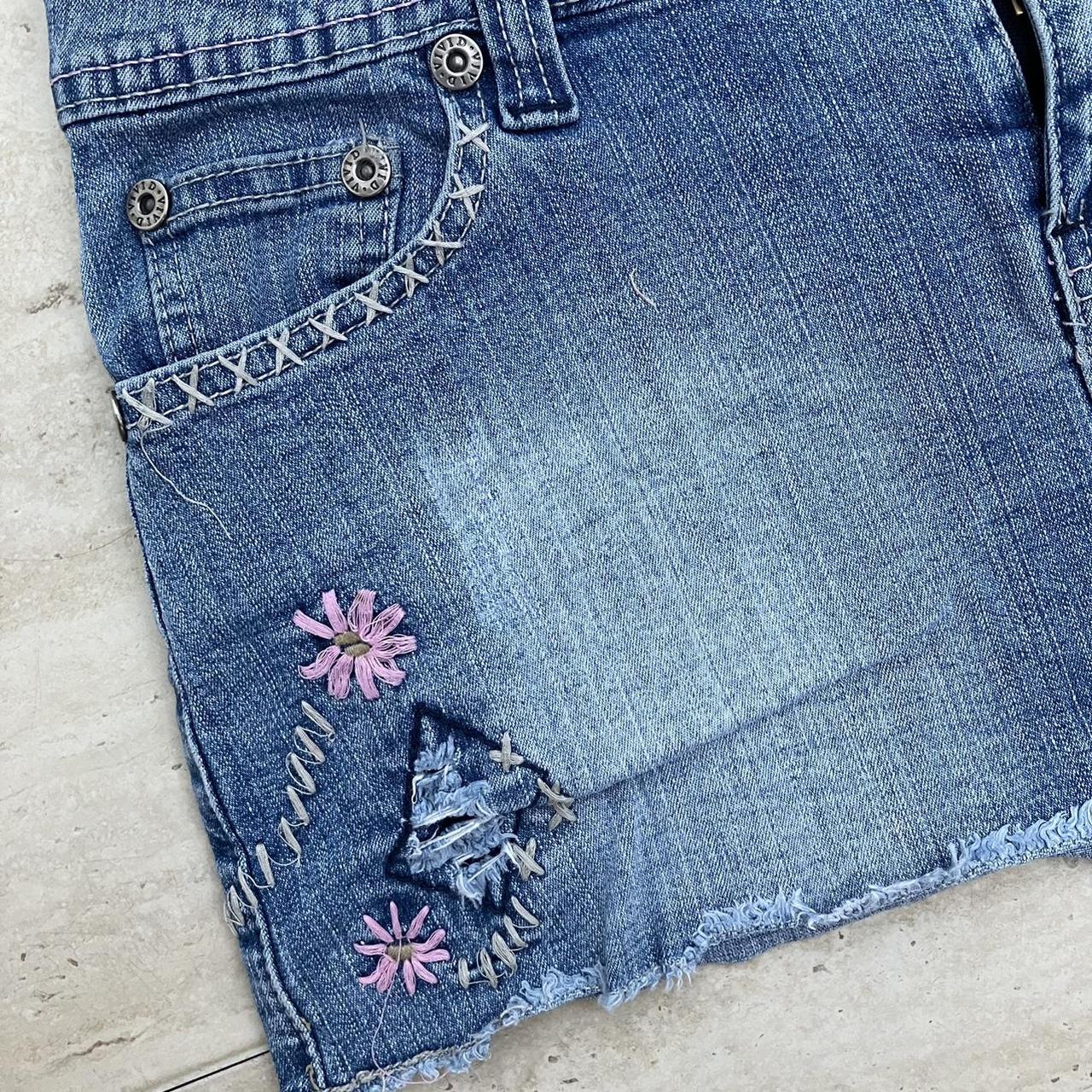 Vintage y2k blue denim raw hem mini skirt with pink... - Depop