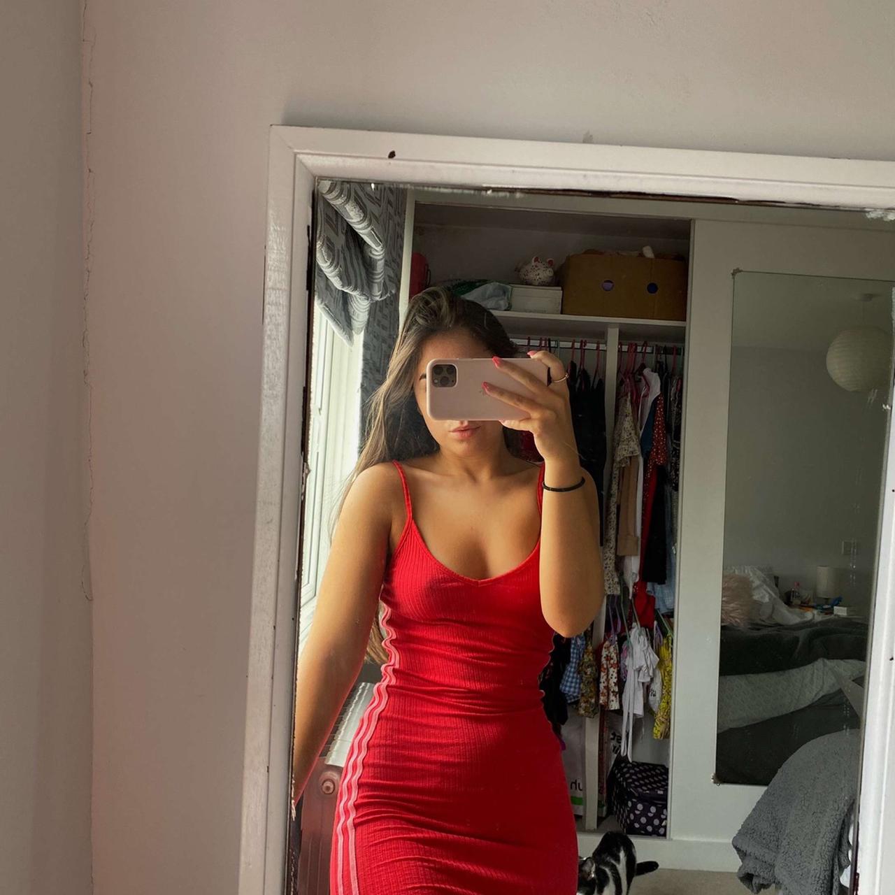 h&m red midi dress size s, would fit a 6/8 white... - Depop