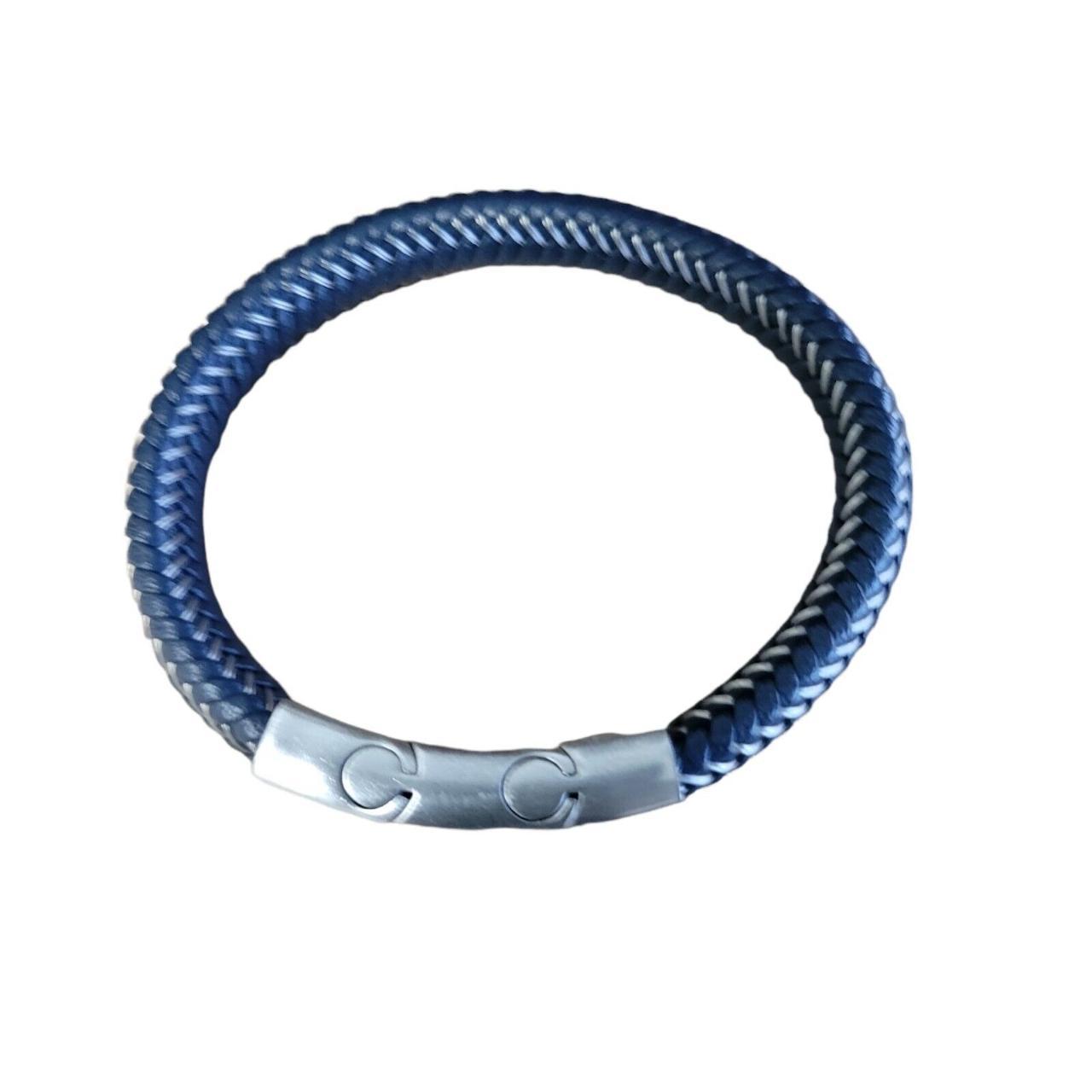 Men's Simone Blue Leather authentic Braided Bracelet In Stainless Steel. 8.5