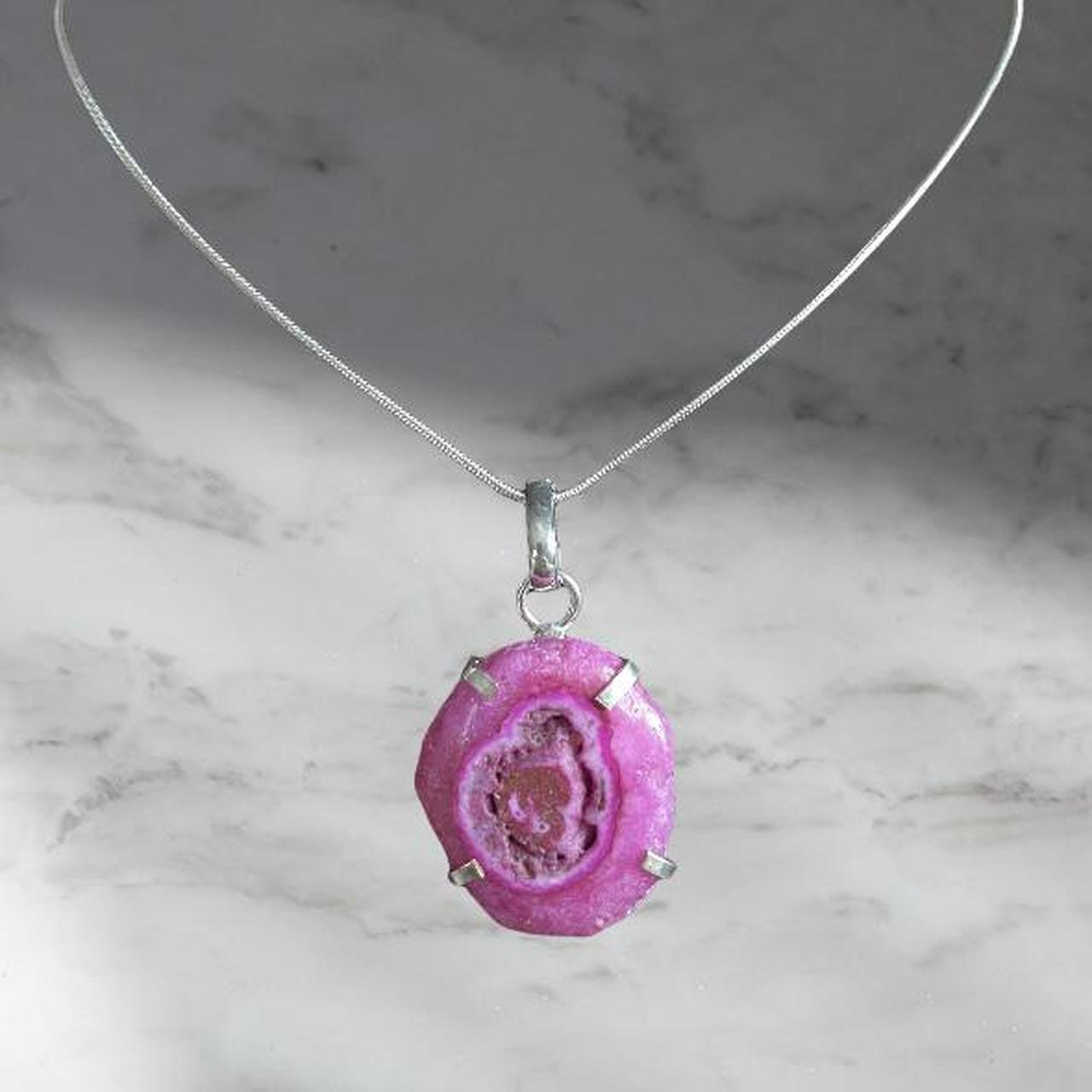Pink Druzy pendant 925 sterling silver necklace Pink... Depop