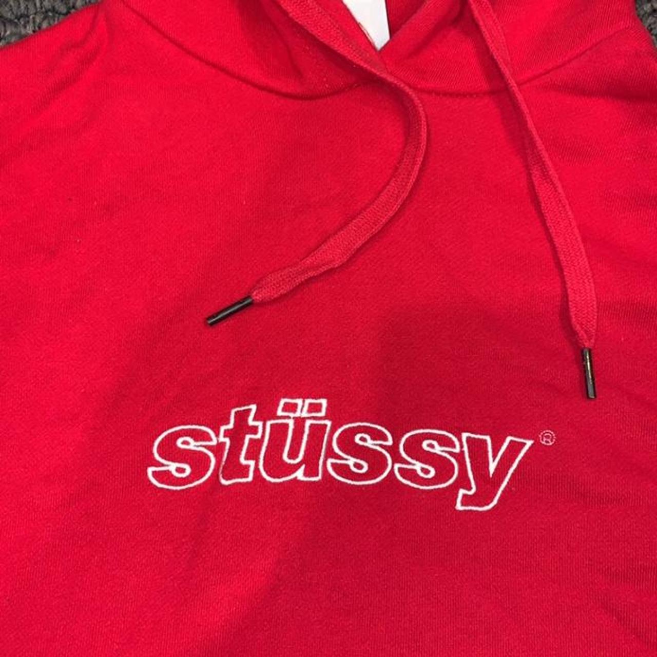 NEAR NEW RED STUSSY HOODIE WITH LOGO UNISEX MENS... - Depop