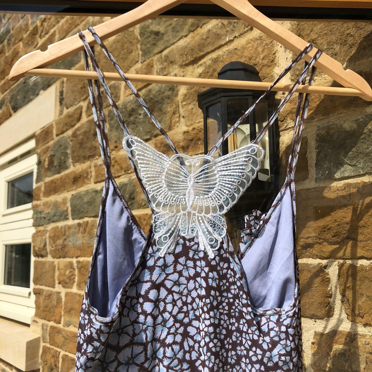 Blue and brown Kookai butterfly dress // vintage 90s... - Depop