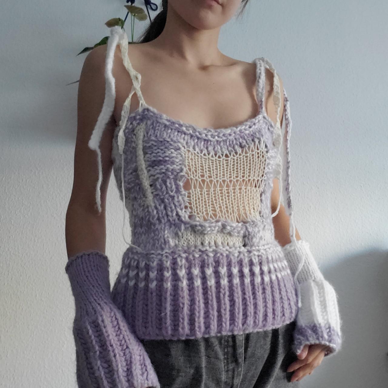 Hand knitted, asymmetrical knit top with unmatching... - Depop