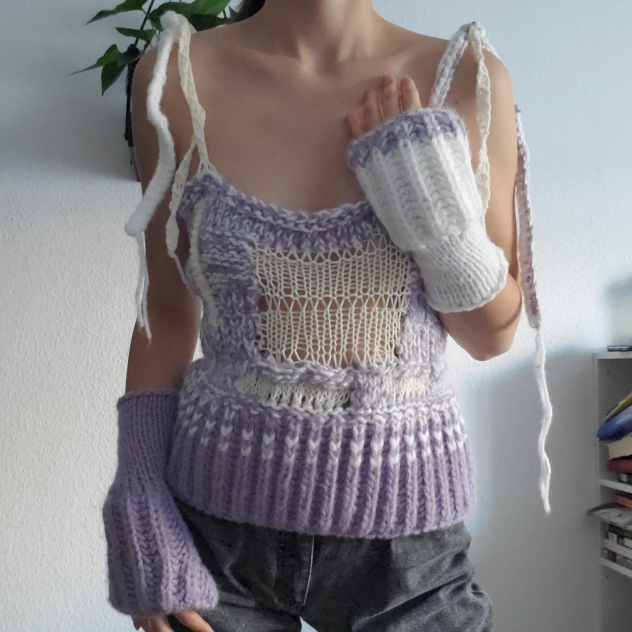 Hand knitted, asymmetrical knit top with unmatching... - Depop