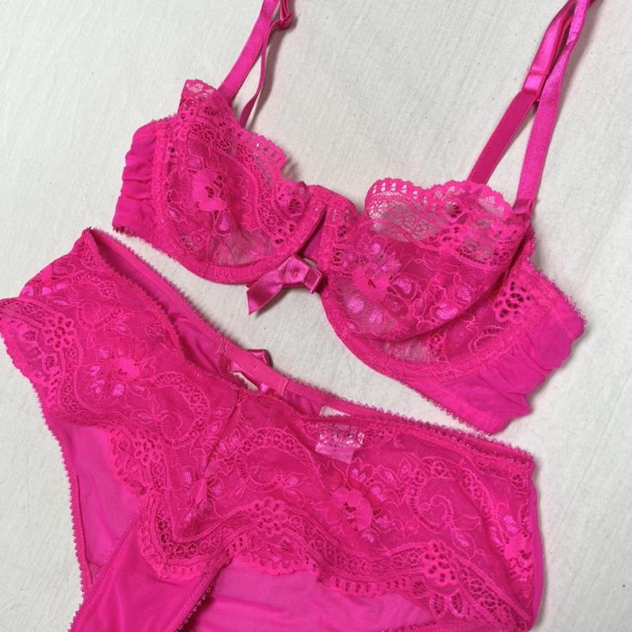 Hot pink lace and mesh lingerie set , 34B, unlined