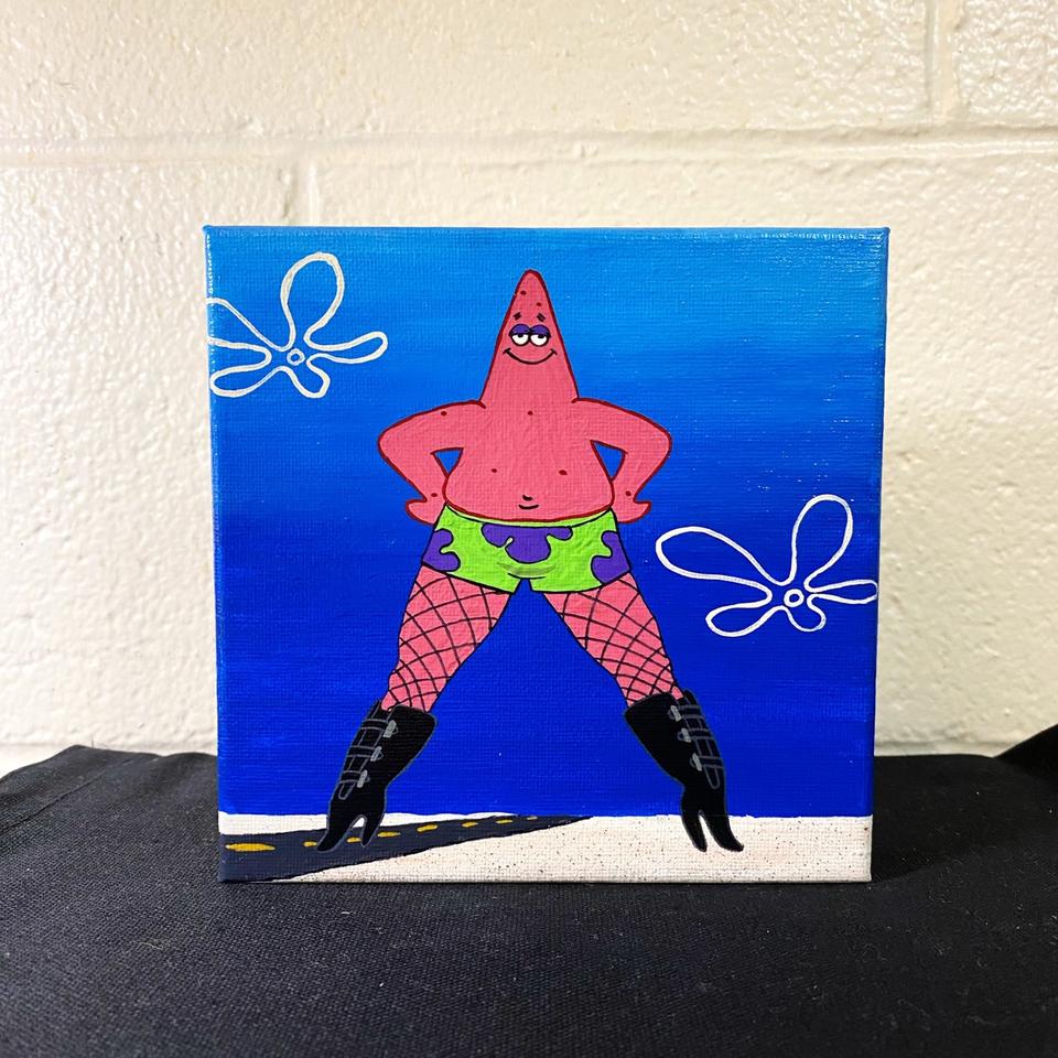 partick star wearing fishnet stockings and knee high boots is so doll , patrick  star boots