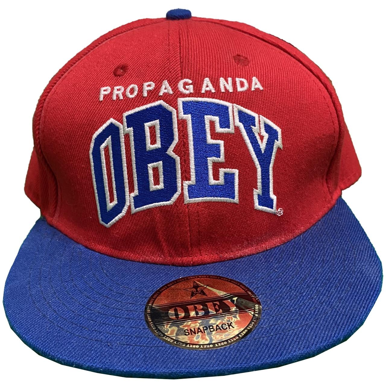 Obey Propaganda Flat Cap / SnapBack in Red and... - Depop