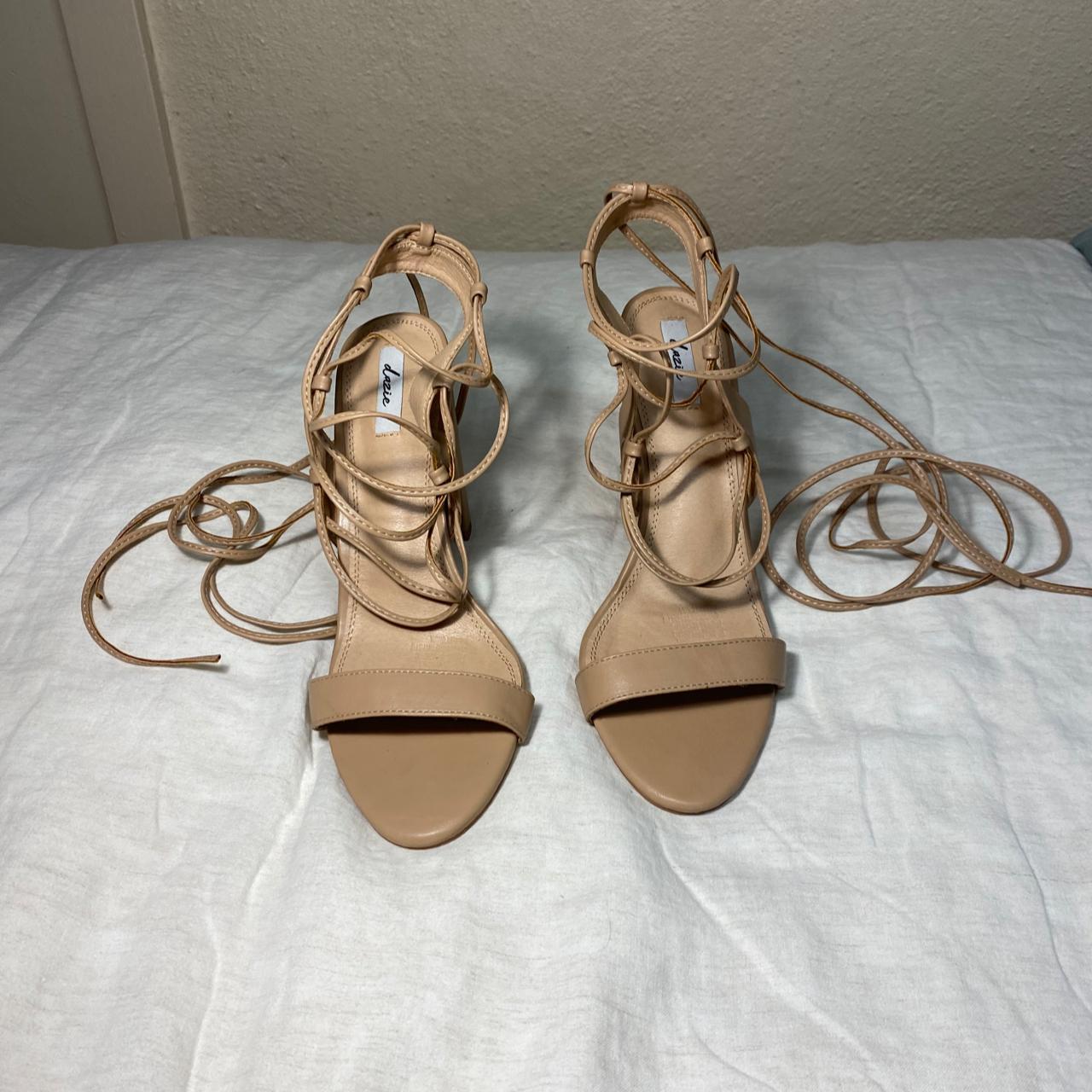 cream nude high block heels with long wrap around... - Depop