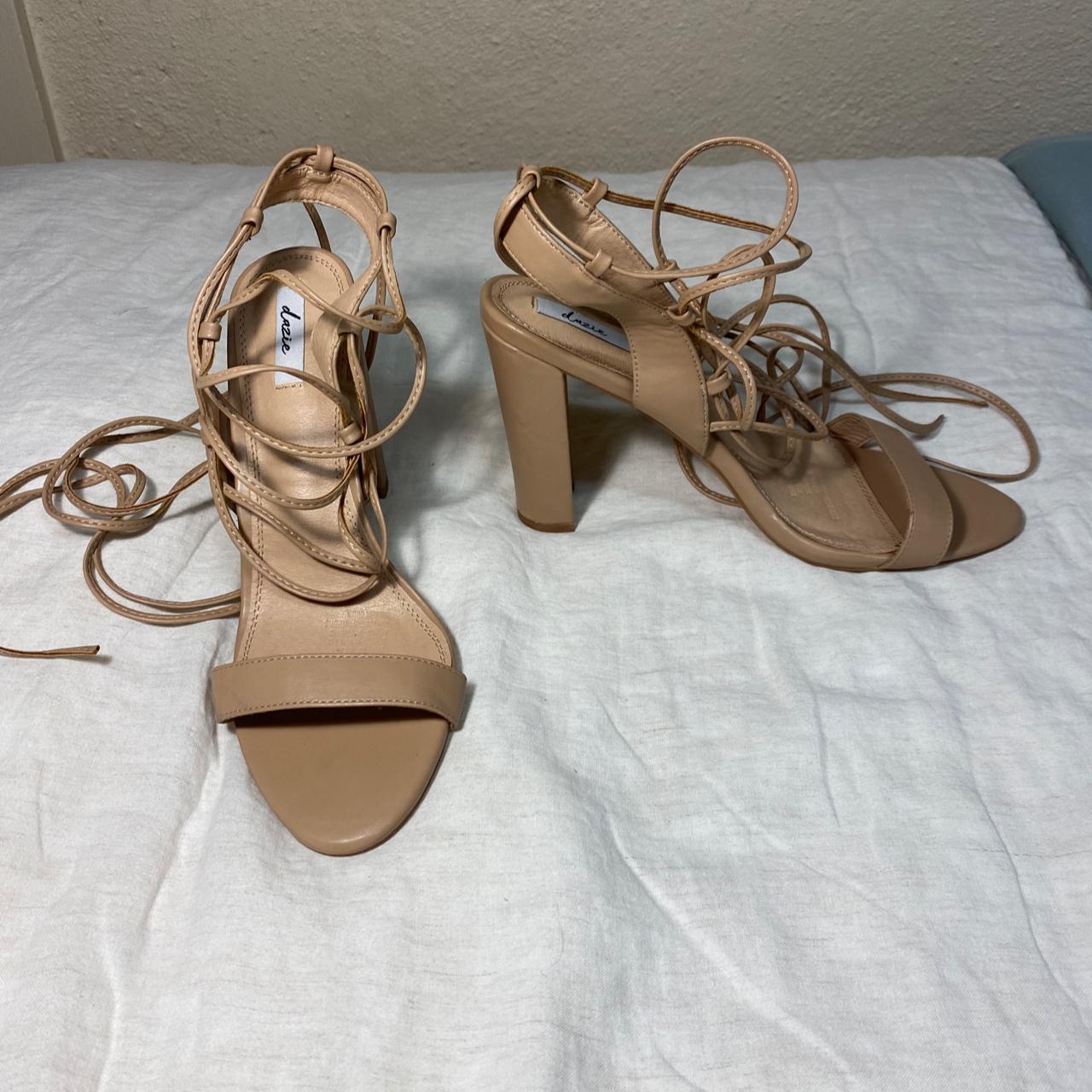 cream nude high block heels with long wrap around... - Depop