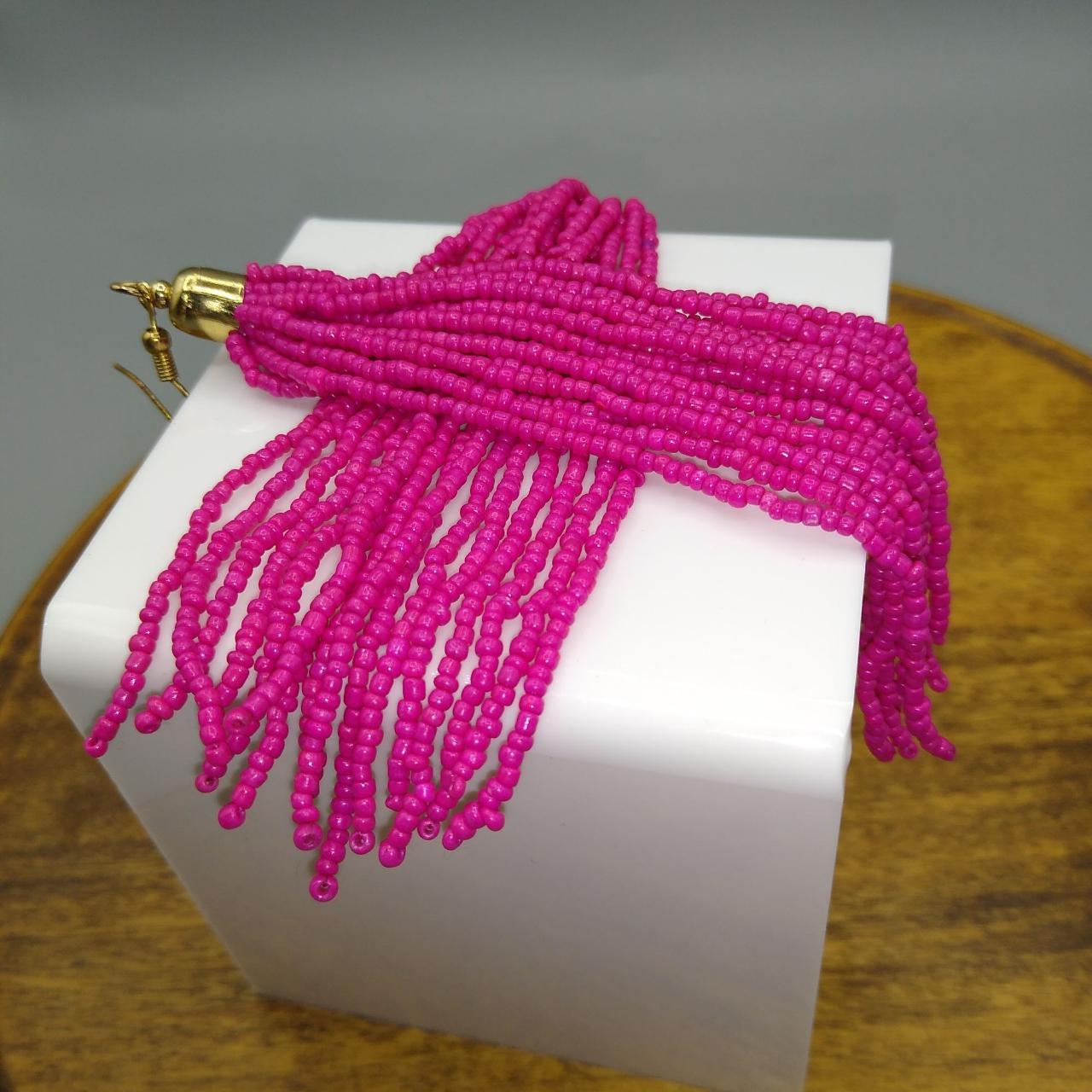 Hot Pink Tassel Earrings, Bright Seed Bead Dangles,... Depop