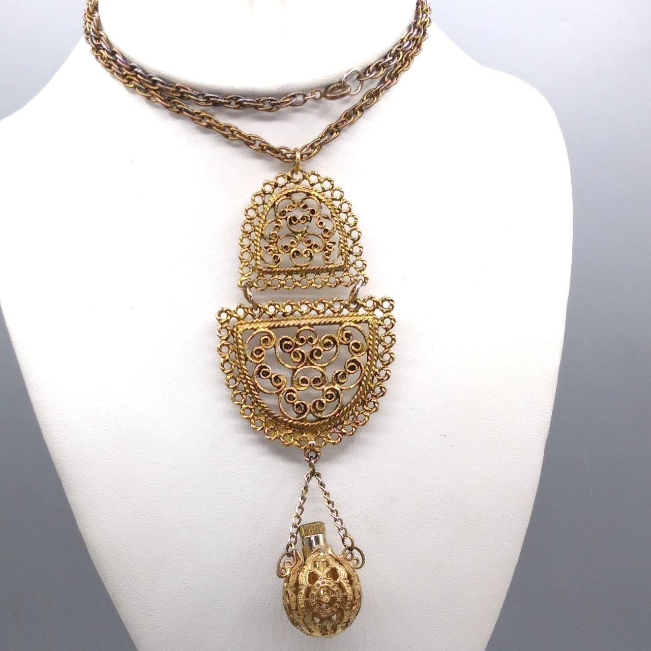 Antique Filigree Perfume Pendant Necklace, Brass... - Depop