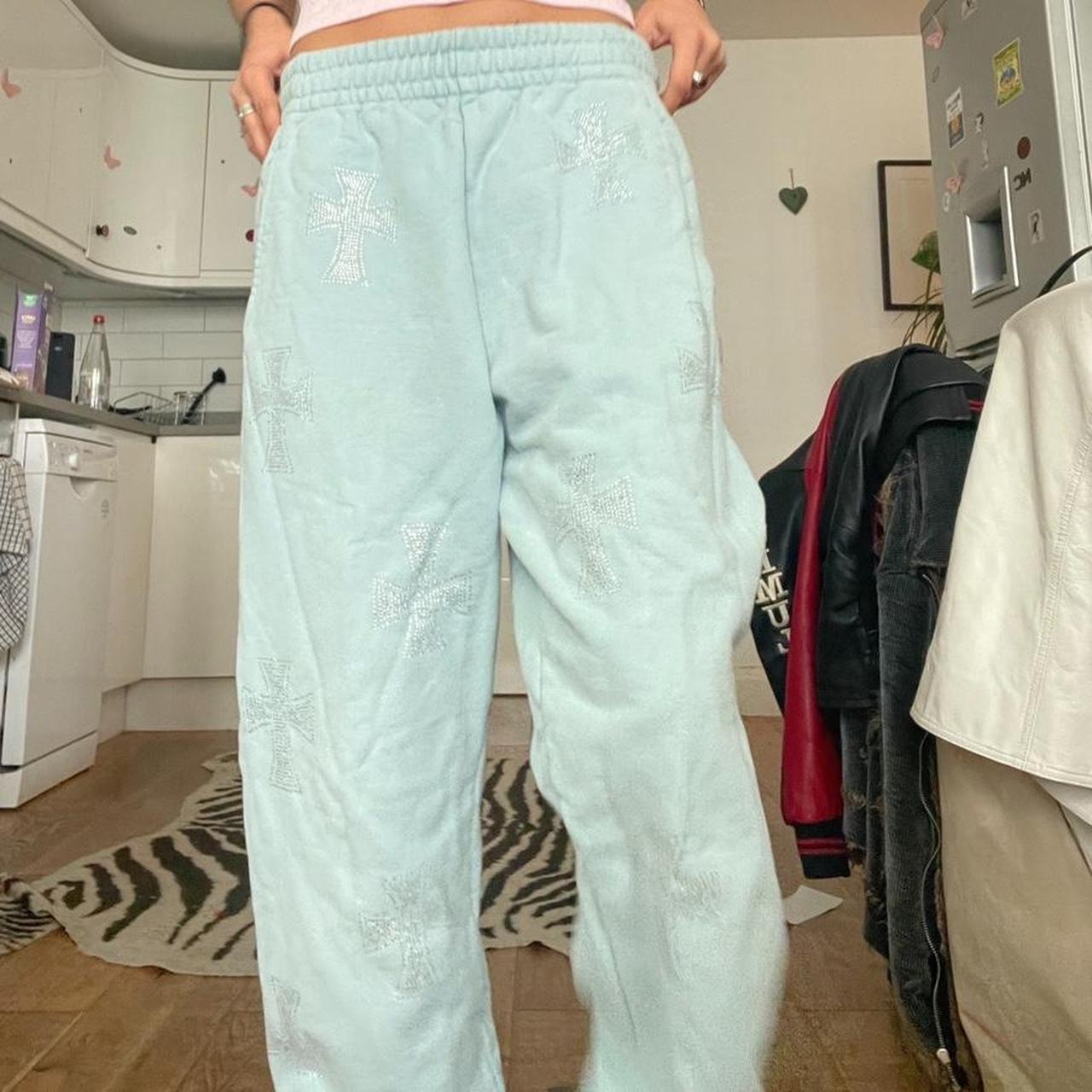 baby blue rhinestone unknown london joggers /... - Depop