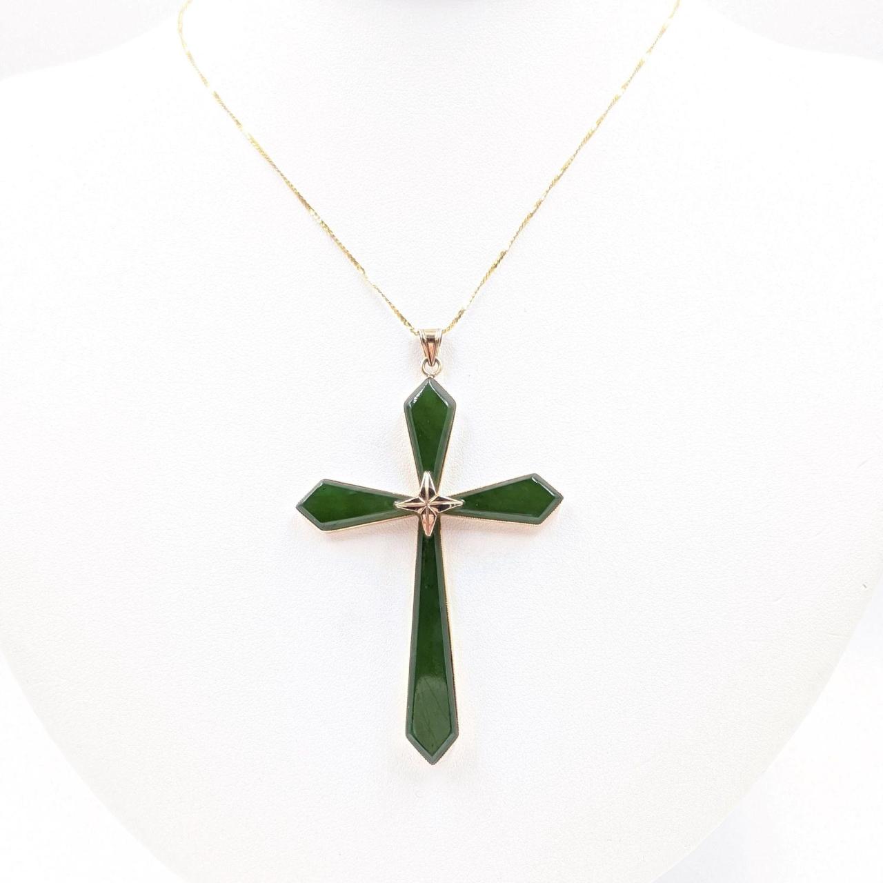 Large Vintage 14k Jade Cross Necklace and the... - Depop