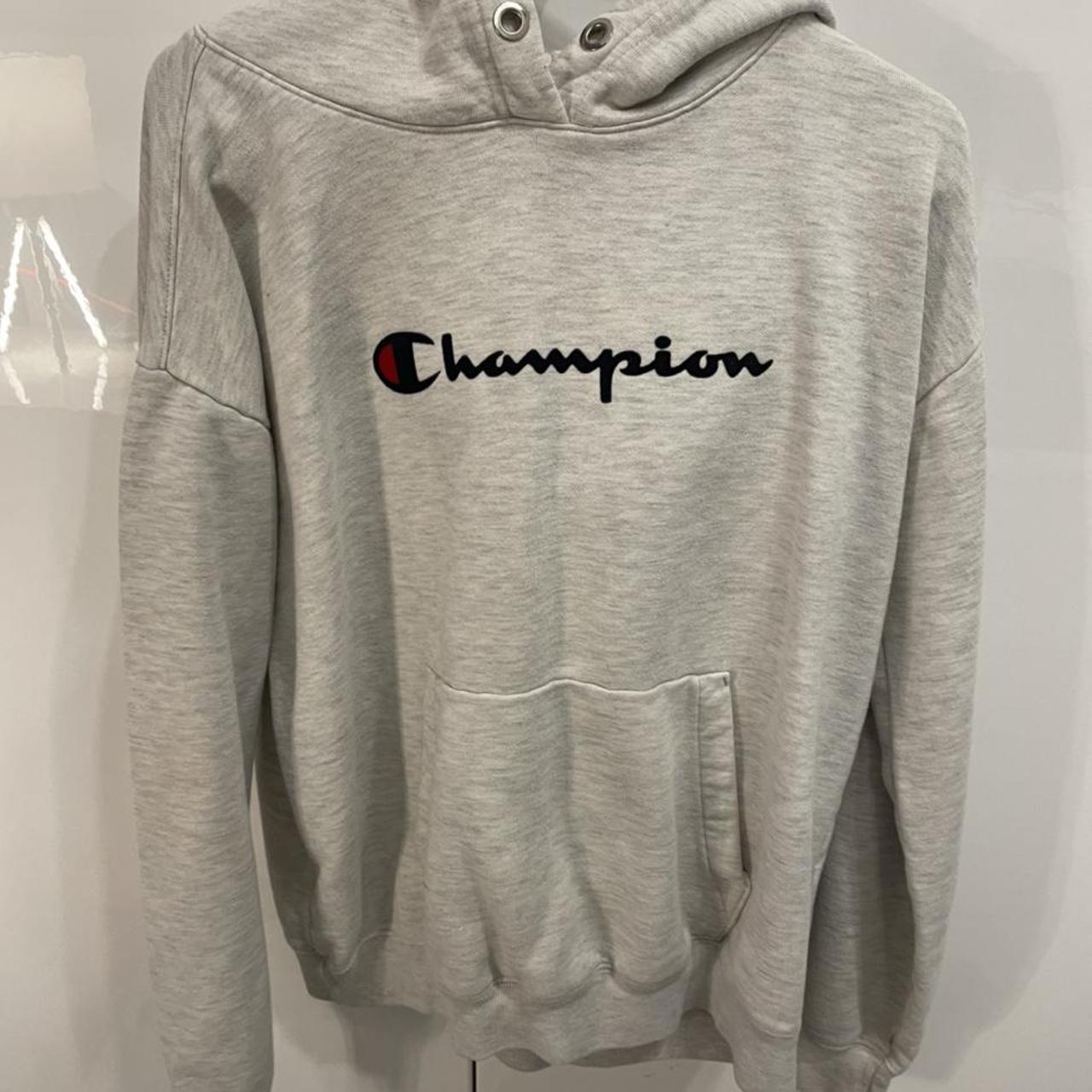 Grey champion logo Hoodie so comfy worn a few... - Depop