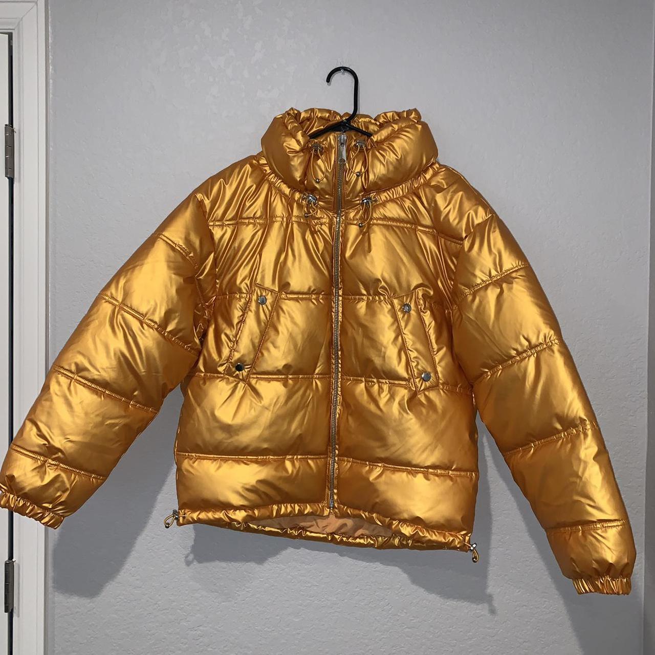 NEW Zara Gold Metallic Puffer Jacket Coat Small... - Depop