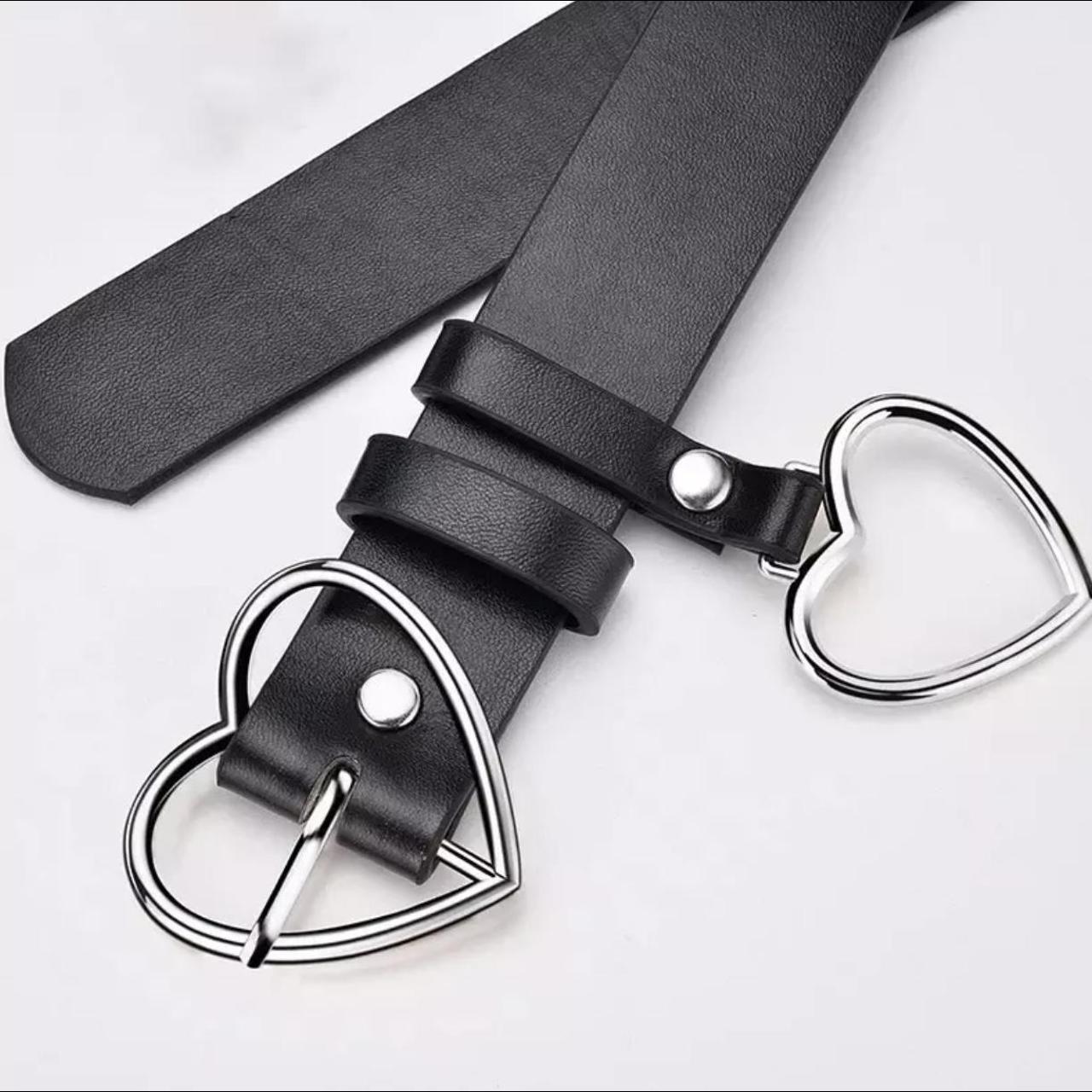 Black PU leather buckle belt with heart decoration... - Depop