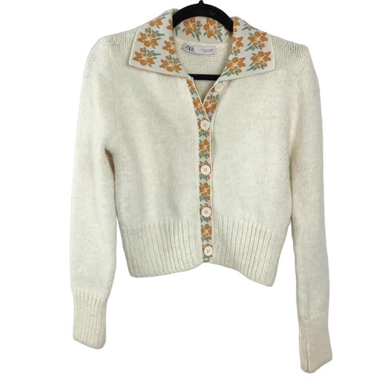 Zara knit cardigan with floral trim Cream cardigan... - Depop