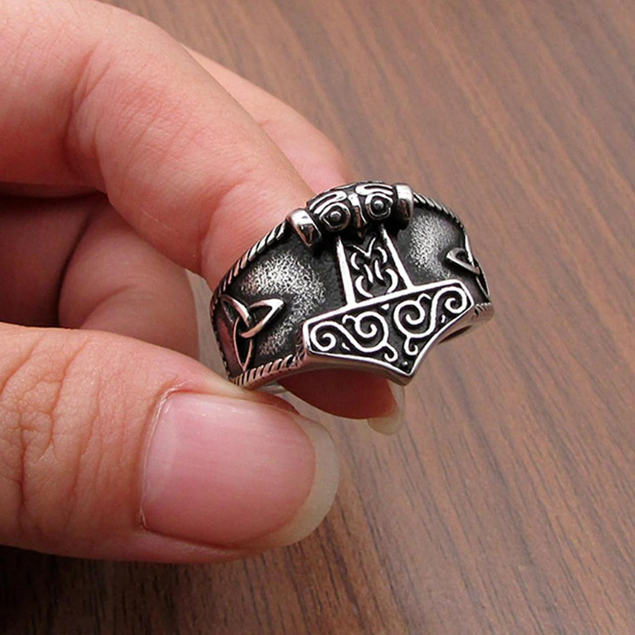 Vintage Viking Mjolnir Thor's Hammer Ring Men Nordic... - Depop