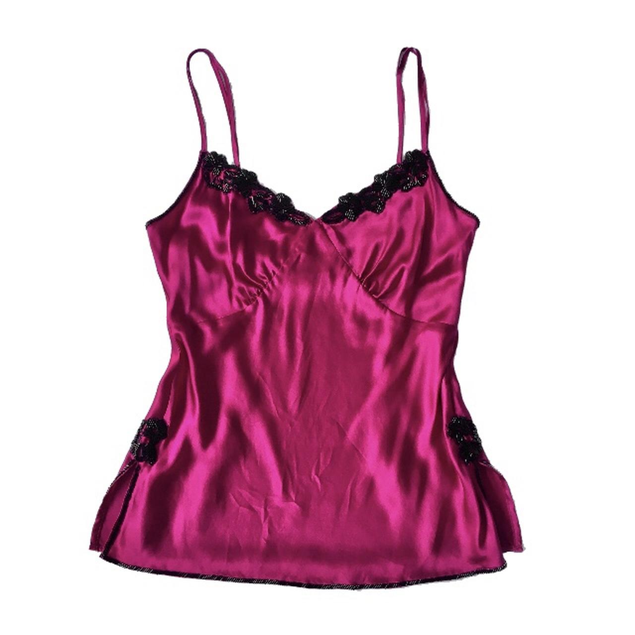 y2k / 00s cherry pink satin beaded babydoll top ... - Depop