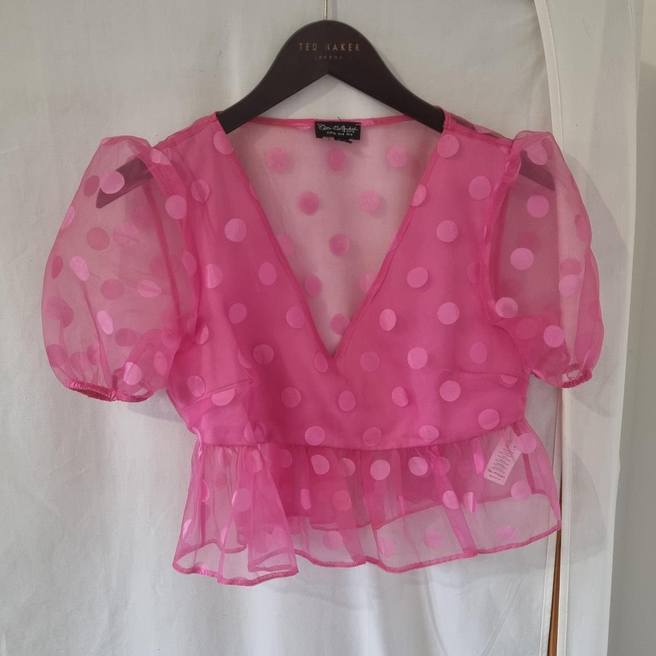 Miss selfridge pink polka dot puff sleeve v neck top... - Depop