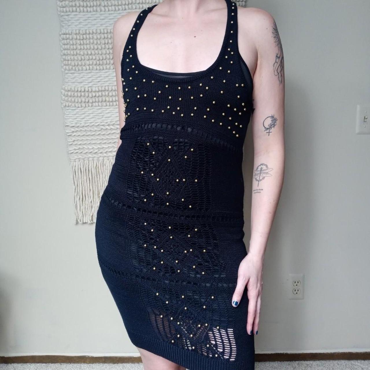 BeBe black crocheted midi dress with gold beads on - Depop