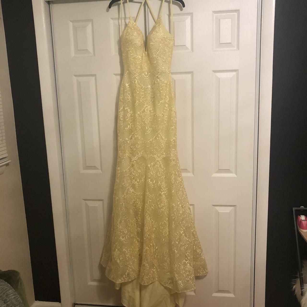 La Femme Pale Yellow Embroidered Beaded Prom... - Depop