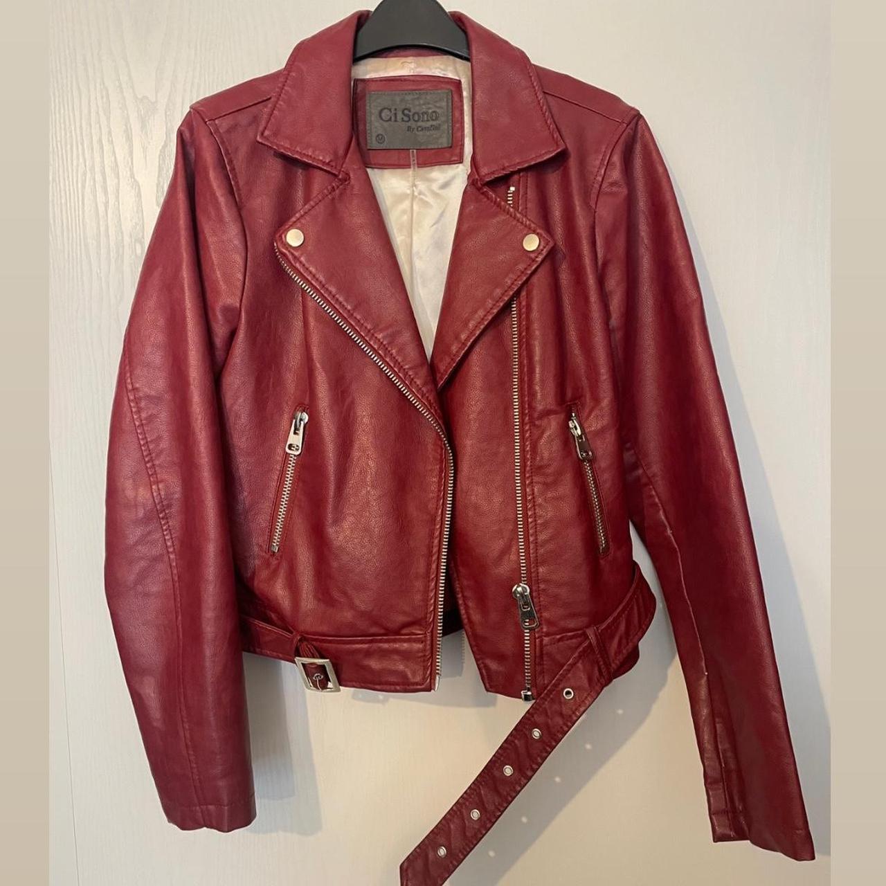 Burgundy vegan leather jacket size M, Worn a few... - Depop