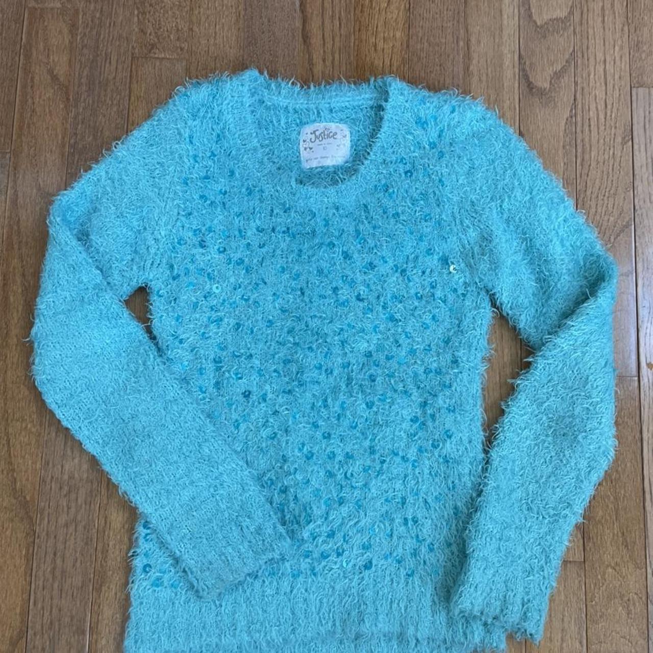 Justice turquoise fuzzy sweater Size 10 Turquoise... - Depop