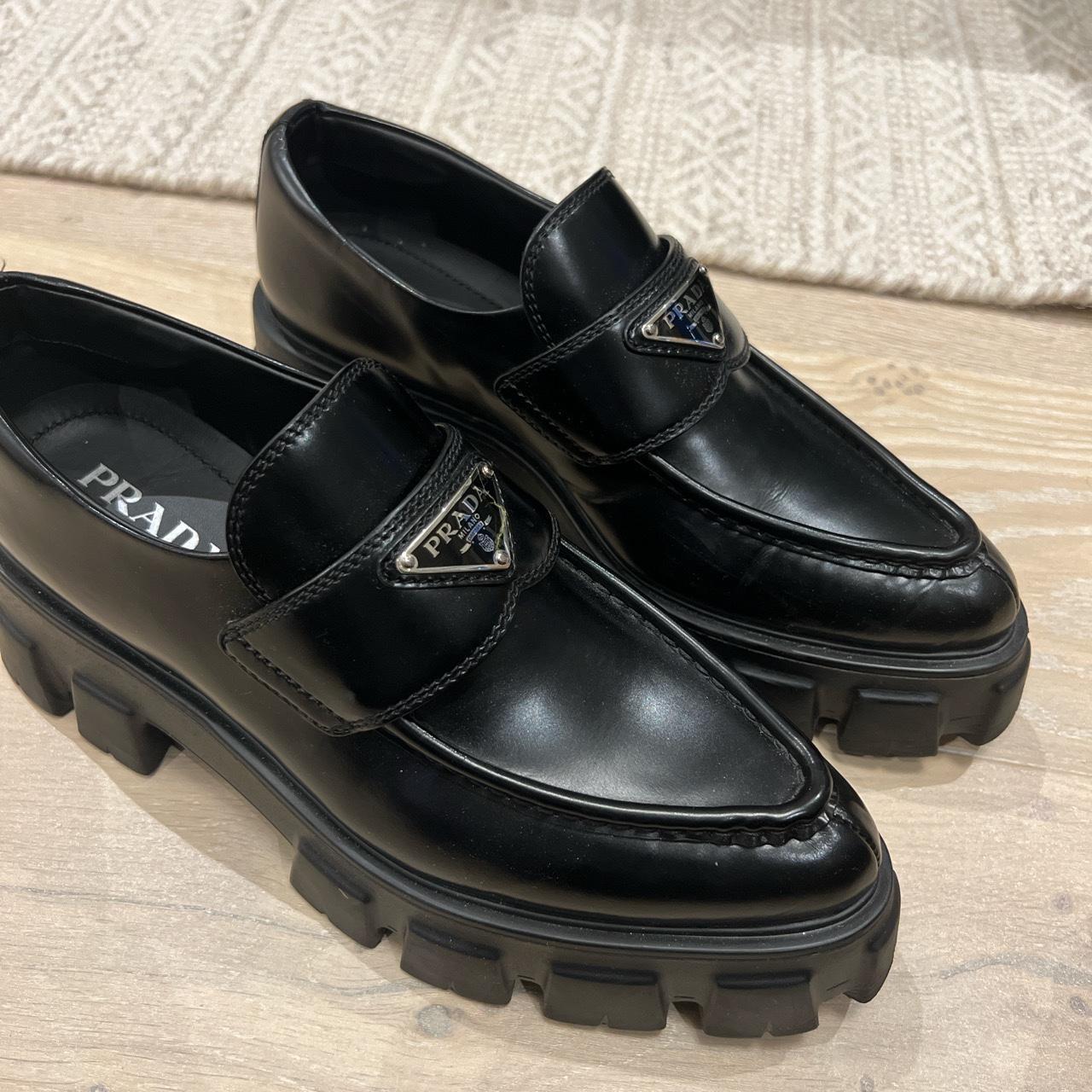 Prada Monolith pointy brushed leather loafers. Worn... - Depop