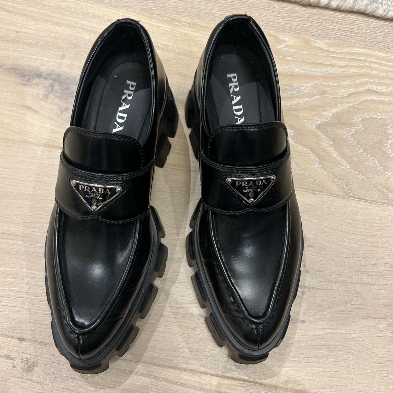 Prada Monolith pointy brushed leather loafers. Worn... - Depop