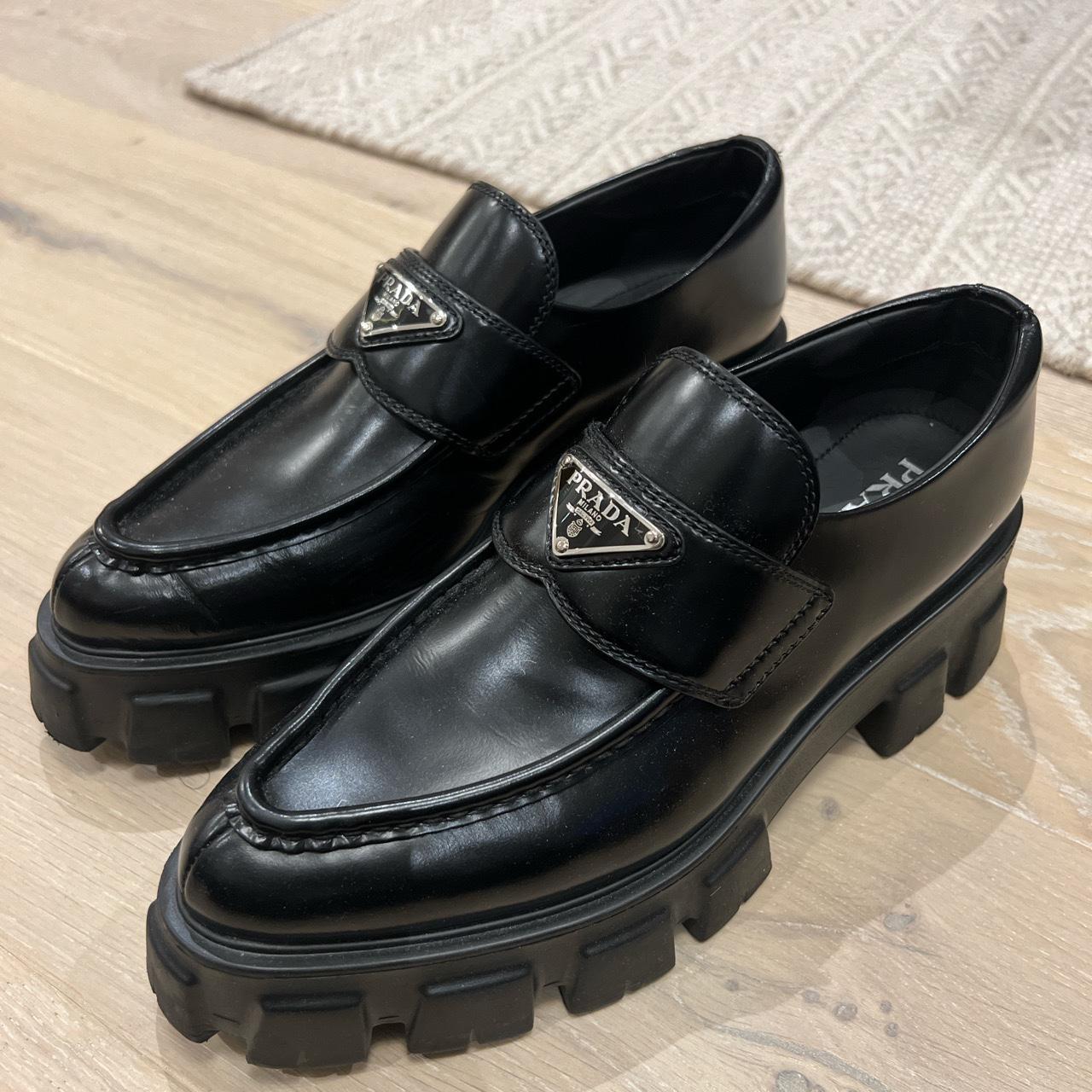Prada Monolith pointy brushed leather loafers. Worn... - Depop