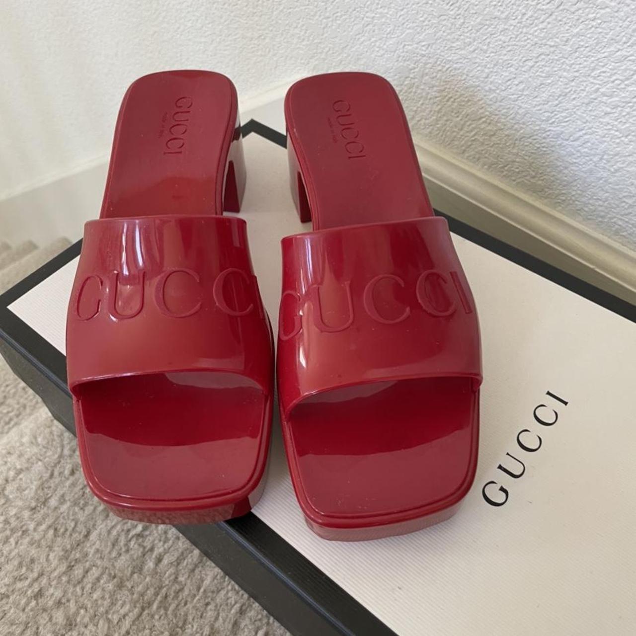 Authentic Gucci Red Sandals / Sliders with Gucci... - Depop