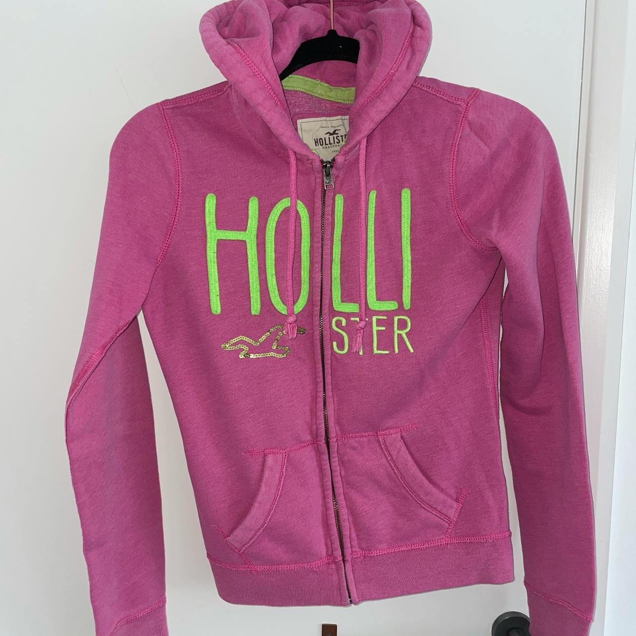 Hollister Co. Pink Logo Full Zip Hoodie with green. Depop