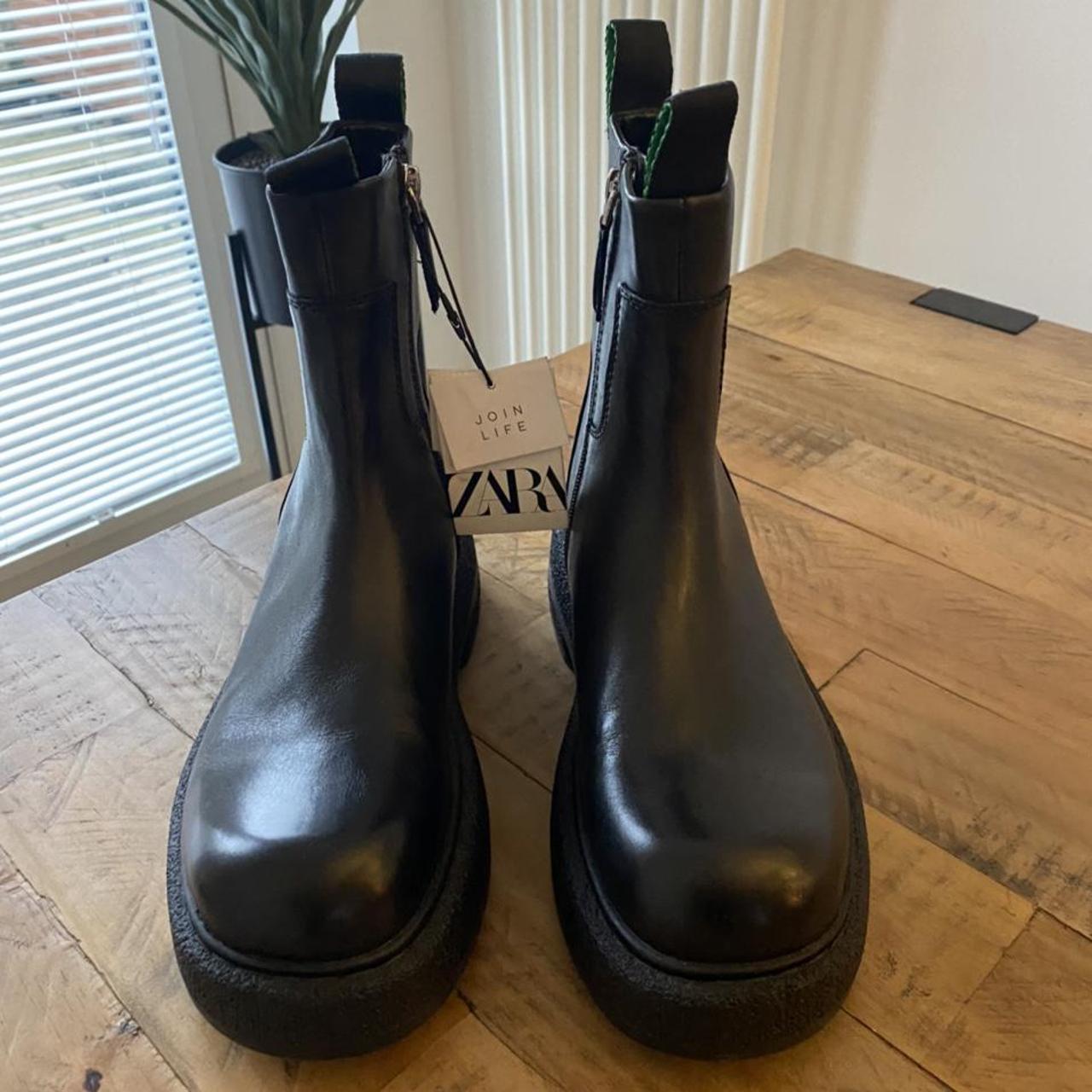 Zara, Flat Leather Ankle Boots, Black, UK