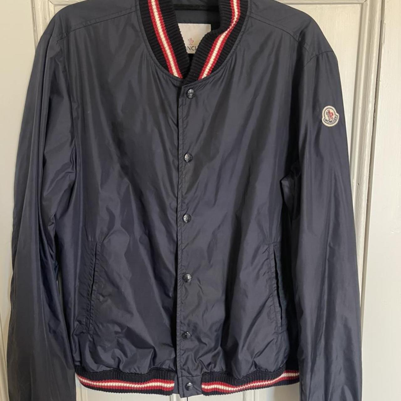 Men’s moncler jacket navy blue red white Size 3 fits... - Depop