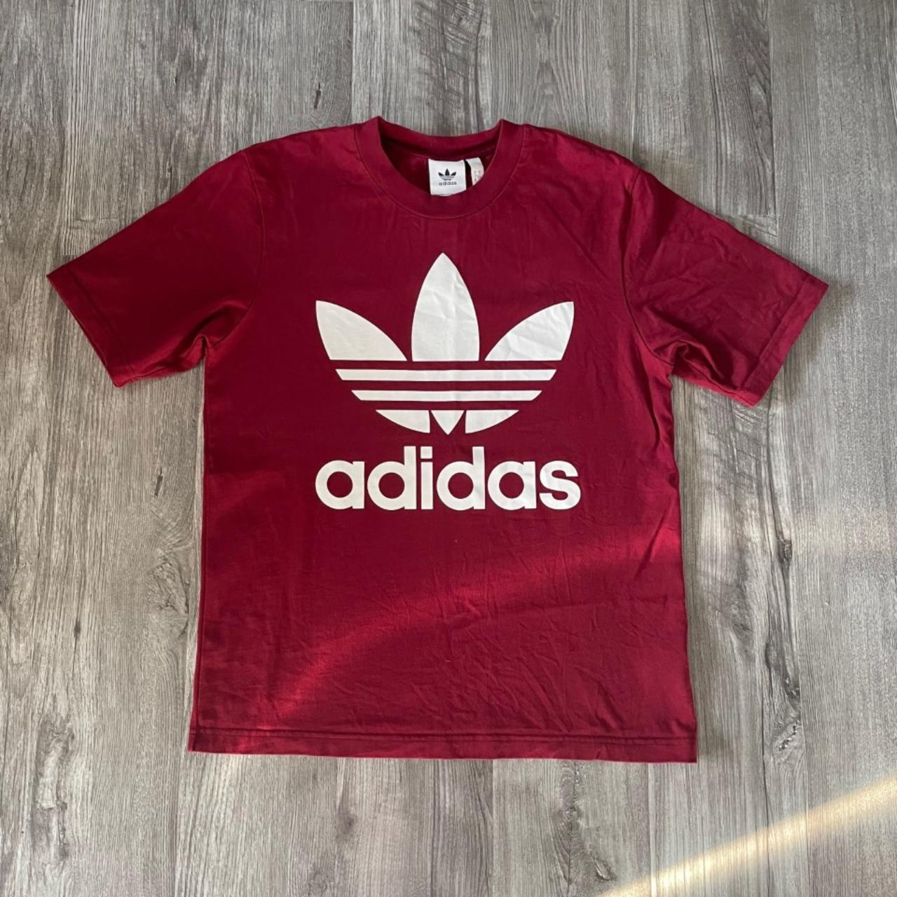 Adidas Men's Burgundy and White T-shirt | Depop