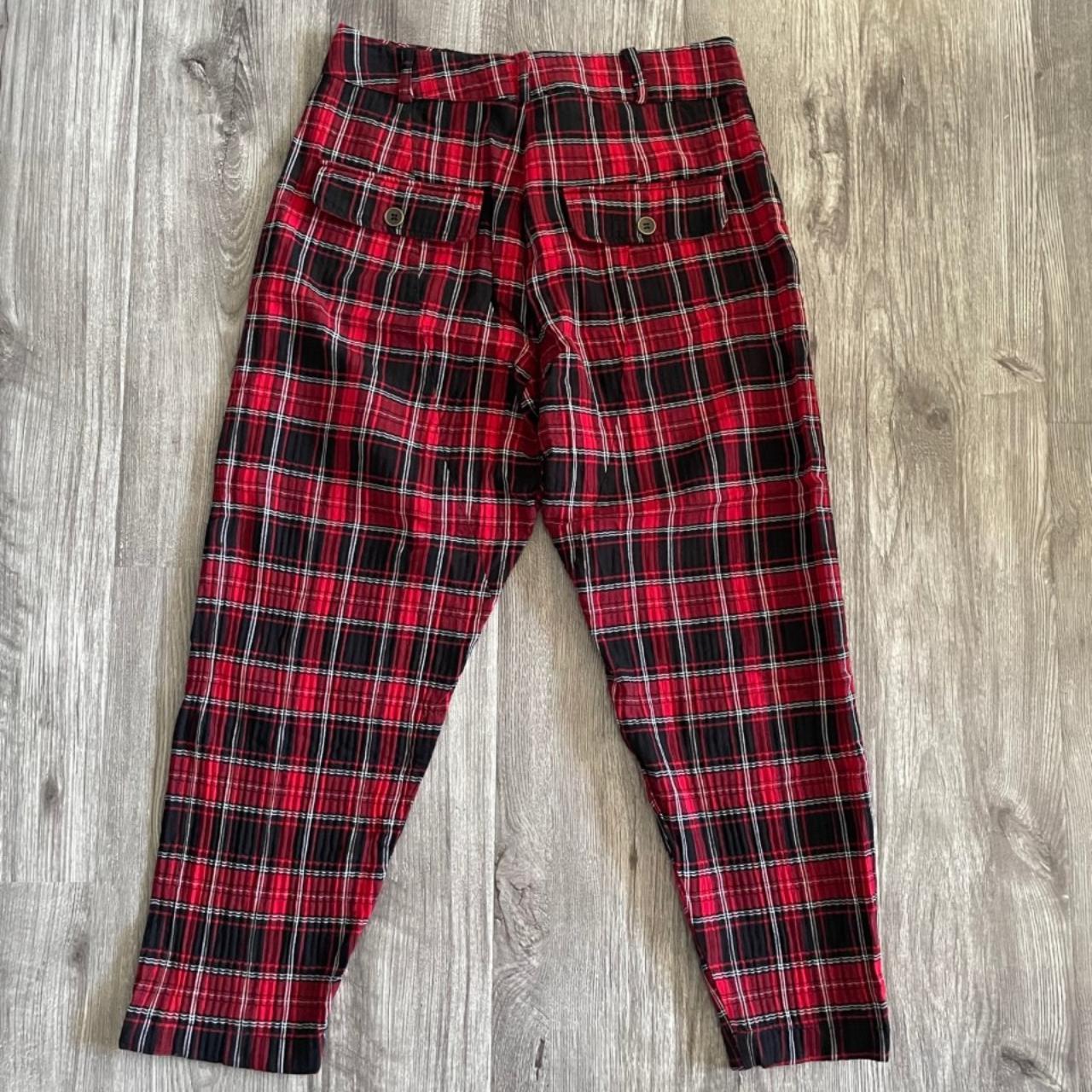 Women's Zara red & black tartan floaty trousers /... - Depop