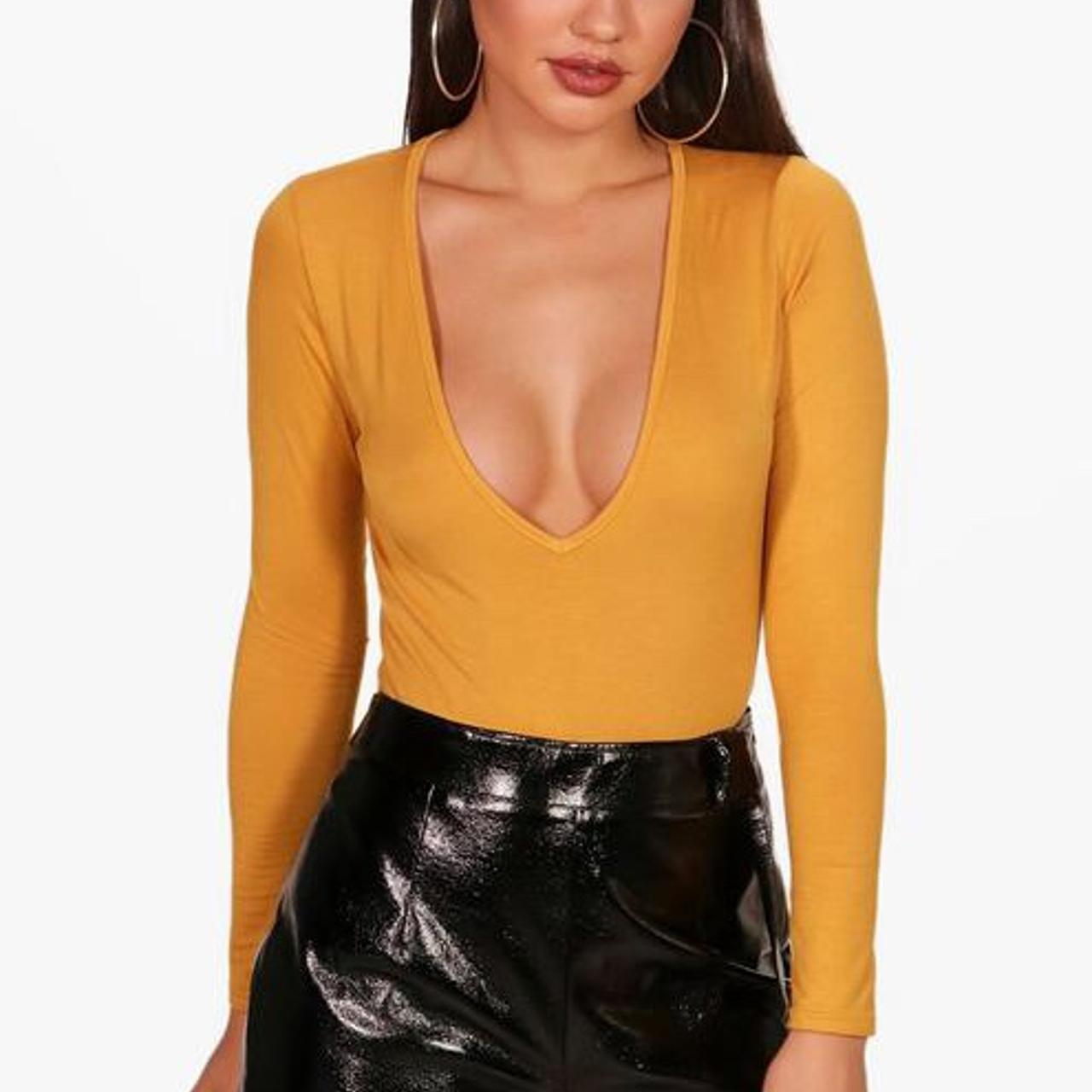 Boohoo mustard yellow long sleeve plunge Depop