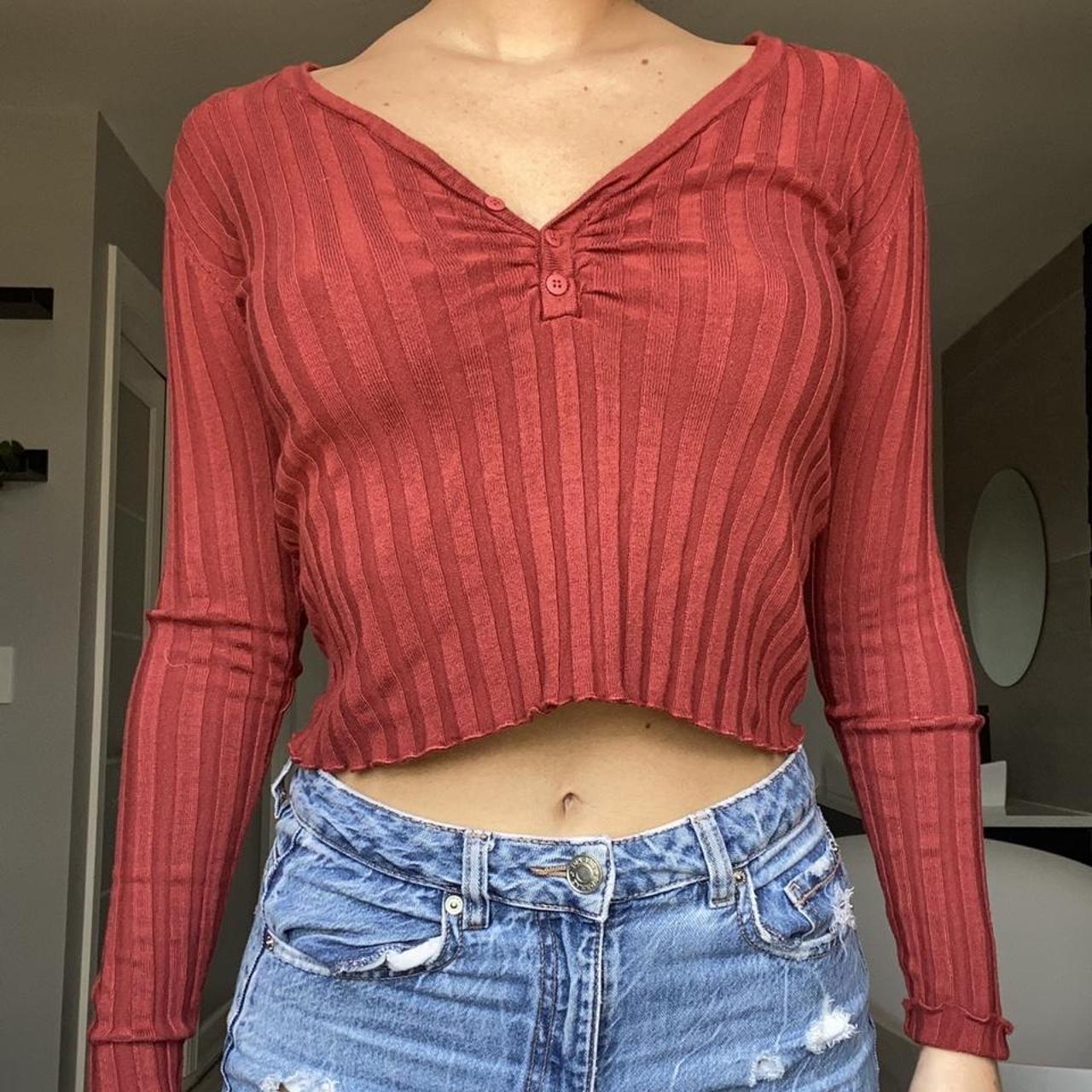 Maroon Ribbed long sleeve top Size Medium V neck... - Depop